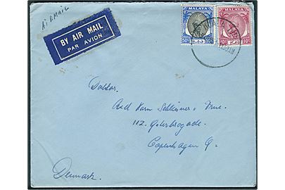 Pahang. 10 c. og 50 c. på luftpostbrev fra Kuala Lapis d. 5.4.1951 til København, Danmark.