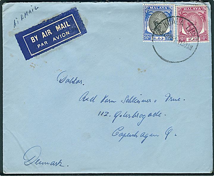 Pahang. 10 c. og 50 c. på luftpostbrev fra Kuala Lapis d. 5.4.1951 til København, Danmark.