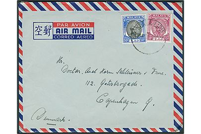 Pahang. 10 c. og 50 c. på luftpostbrev fra Kuala Lapis d. 29.5.1951 til København, Danmark.