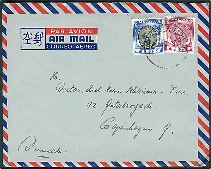 Pahang. 10 c. og 50 c. på luftpostbrev fra Kuala Lapis d. 29.5.1951 til København, Danmark.