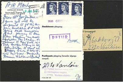 Australsk 5 c. Elizabeth (3) på brevkort fra Canberra d. 24.12.1968 til København, Danmark. Eftersendt med flere forespørgsels vignetter og stempler fra Gentofte og Vanløse. 