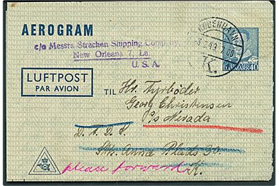 40 øre Fr. IX helsags aerogram (fabr. 1) fra København d. 3.12.1949 til sømand ombord på S/S Nevada via rederiet DFDS i København - eftersendt til New Orleans, USA.