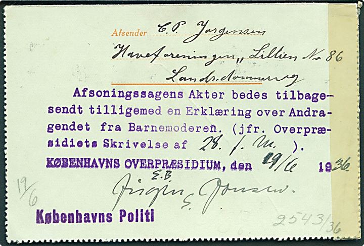 10 øre lokalt helsags korrespondancekort i København d. 18.6.1936. På bagsiden stempel fra bl.a. Københavns Politi.