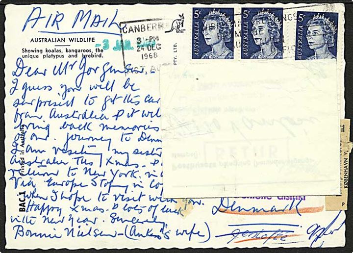 Australsk 5 c. Elizabeth (3) på brevkort fra Canberra d. 24.12.1968 til København, Danmark. Eftersendt med flere forespørgsels vignetter og stempler fra Gentofte og Vanløse. 