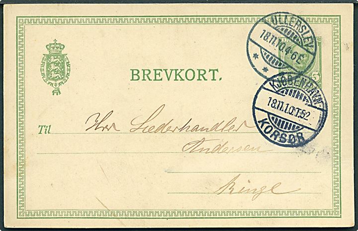 5 øre Fr. VIII helsagsbrevkort fra Ullerslev d. 18.11.1910 via bureau Kjøbenhavn - Korsør T.52 d. 18.11.1910 til Ringe.