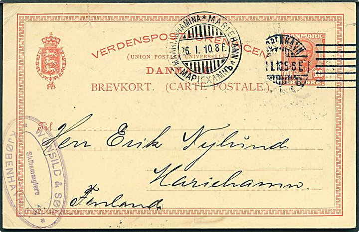 10 øre Fr. VIII helsagsbrevkort fra Kjøbenhavn d. 24.1.1910 til Mariehamn, Åland. Ank.stemplet med 3-sproget stempel i Mariehamn d. 26.1.1910.