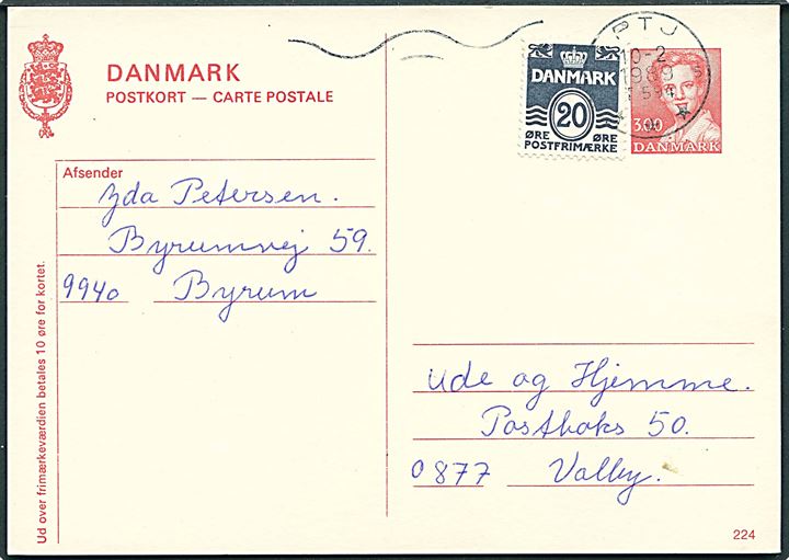 3 kr. Margrethe helsagsbrevkort opfrankeret med 20 øre Bølgelinie fra Byrum på Læsø annulleret med bureau-maskinstempel PTJ sn5 T.594 (Fredericia-Frederikshavn) d. 10.2.1989 til Valby.