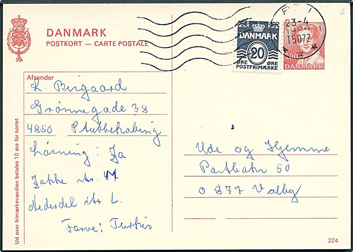 3 kr. Margrethe helsagsbrevkort opfrankeret med 20 øre Bølgelinie fra Stubbekøbing annulleret med bureau-maskinstempel PTJ sn1 T.5072 (søndagstog Nykøbing F. - København) d. 23.4.1989 til Valby.