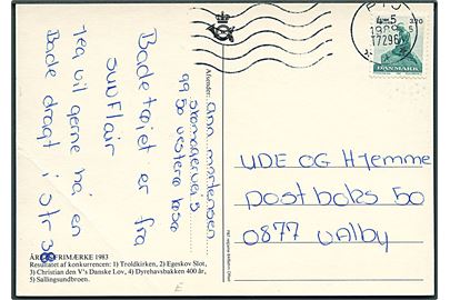 3,20 kr. Dansk Turisme på brevkort fra Vesterø Havn på Læsø annulleret med bureau-maskinstempel PTJ sn5 T.7296 (Frederikshavn-Fredericia) d. 4.5.1989 til Valby.