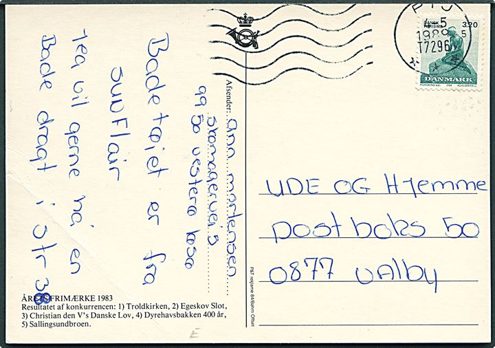 3,20 kr. Dansk Turisme på brevkort fra Vesterø Havn på Læsø annulleret med bureau-maskinstempel PTJ sn5 T.7296 (Frederikshavn-Fredericia) d. 4.5.1989 til Valby.