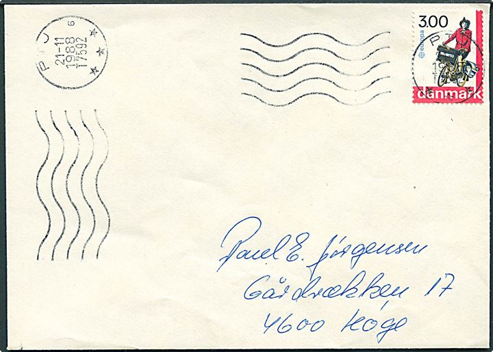 3 kr. Europa udg. på brev annulleret med bureau-maskinstempel PTJ sn6 T.7592 (Ålborg-Fredericia) d. 21.11.1988 til Køge.