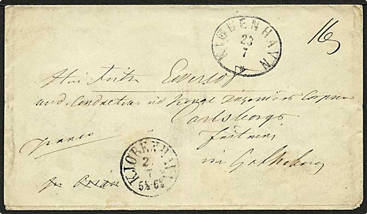 1862. 16 skilling franco-brev fra Kjøbenhavn d. 22.7.1862 med ovalt overnatningsstempel Kiøbenhavn d. 23.7.1862 via Göteborg d. 24.7.1862 til Carlsborg, Sverige. Påskrevet pr. Orion - som er overstreget.