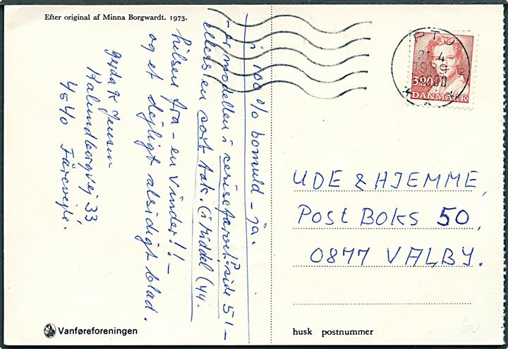 3,20 kr. Margrethe på brevkort fra Fårevejle annulleret med bureau-maskinstempel PTJ sn2 T.4280 (Kalundborg - København) d. 21.4.1989 til Valby.