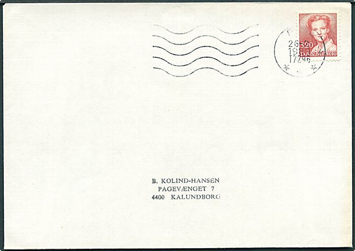 3,20 kr. Margrethe på brev annulleret med bureau-maskinstempel PTJ sn4 T.7286 (Ålborg-Fredericia) d. 26.2.1989 til Kalundborg.