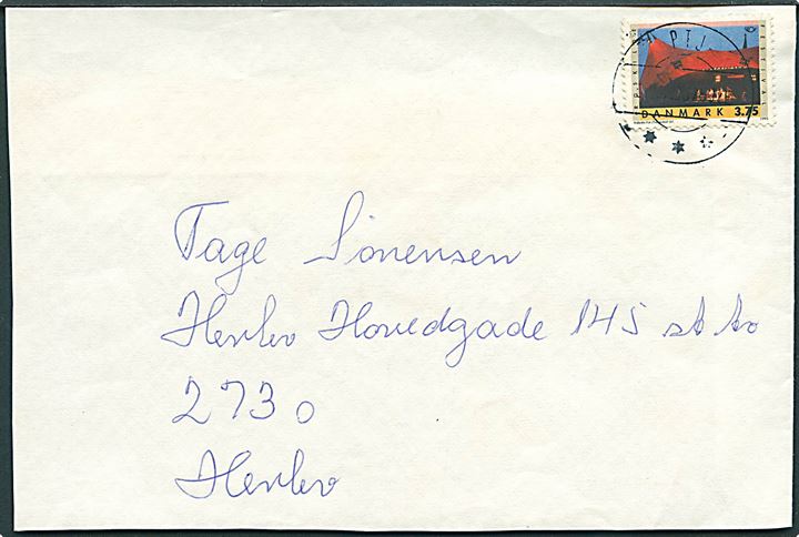 3,75 kr. Roskilde Festival på afkortet brev annulleret med bureaustempel PTJ sn7 T.7592E (København-Fredericia) i 1995 til Herlev.
