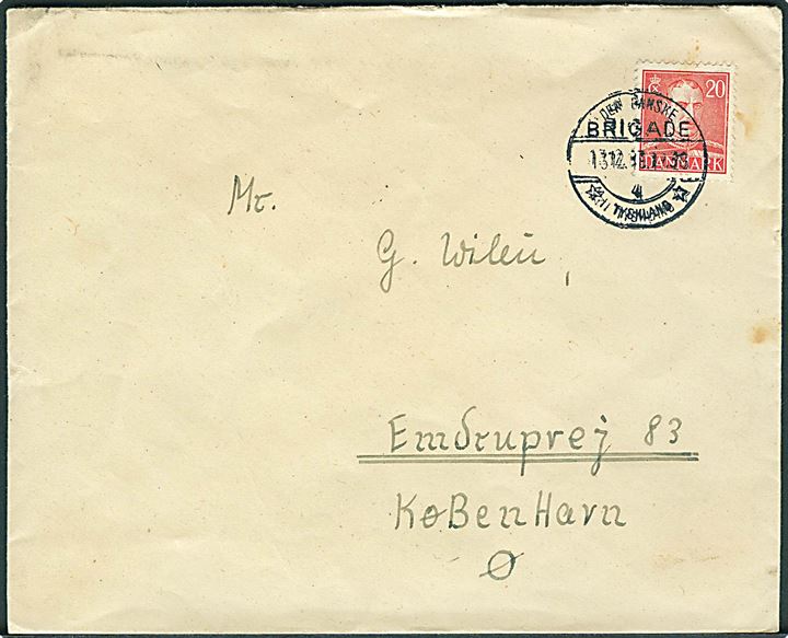 20 øre Chr. X på brev stemplet Den danske Brigade /4/ * i Tyskland * d. 13.12.1948 til København. Fra Officiantmessen 13. Bataillion i forlægningen i Oldenburg.