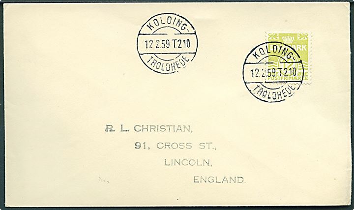 12 øre Bølgelinie på tryksag annulleret med bureaustempel Kolding - Troldhede T.210 d. 12.2.1959 til Lincoln, England.