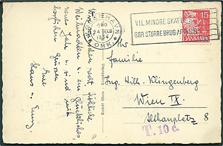 15 øre Karavel på underfrankeret brevkort fra København d. 24.12.1934 til Wien, Østrig. Violet portostempel: T.10 c..