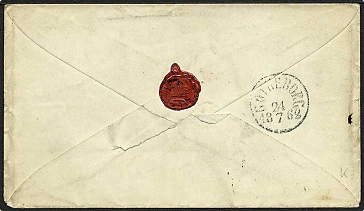 1862. 16 skilling franco-brev fra Kjøbenhavn d. 22.7.1862 med ovalt overnatningsstempel Kiøbenhavn d. 23.7.1862 via Göteborg d. 24.7.1862 til Carlsborg, Sverige. Påskrevet pr. Orion - som er overstreget.