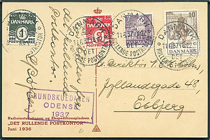 1 øre, 2 øre Bølgelinie, 7 øre Nikolai kirke og 10 øre Regentjubilæum på brevkort annulleret med særstempel Danmark * Det Rullende Postkontor * d. 11.6.1937 til Esbjerg. Sidestemplet Rundskuedagen Odense 1937.