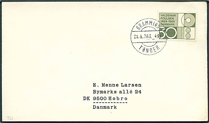 30 øre Valdemar Poulsen på tryksag annulleret med bureaustempel Bramming - Tønder T.493 d. 21.6.1970 til Hobro.