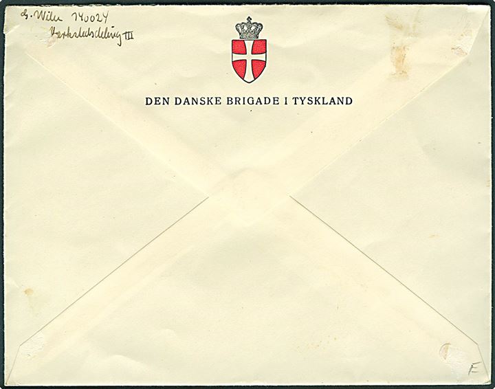 komplet sæt Frihedsfonden og 20 øre Chr. X på brev annulleret Den danske Brigade /4/ * i Tyskland * d. 27.10.1947 til København. Fra den danske forlægning i Varel.