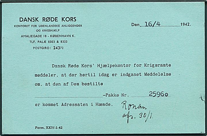 5 øre Bølgelinie på lokalt brevkort i København d. 17.4.1942 til Skandinavisk Kvækercenter. Fortrykt kvittering fra Dansk Røde Kors vedr. hjælpepakke som er kommed modtageren i hænde.