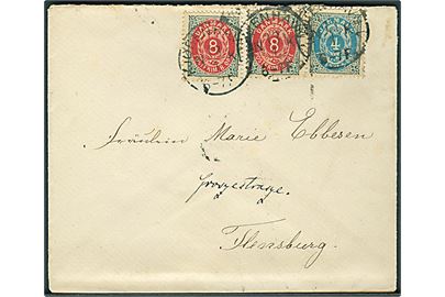 4 øre og 8 øre (2) Tofarvet på brev fra Kjøbenhavn d. 13.1.1892 til Flensburg, Tyskland.