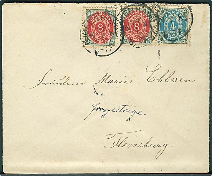 4 øre og 8 øre (2) Tofarvet på brev fra Kjøbenhavn d. 13.1.1892 til Flensburg, Tyskland.