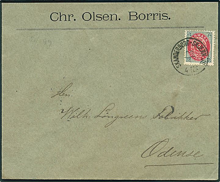 8 øre Tofarvet på brev fra Borris annulleret med lapidar bureaustempel Skanderborg - Skjern JB. d. 20.1.1899 til Odense.