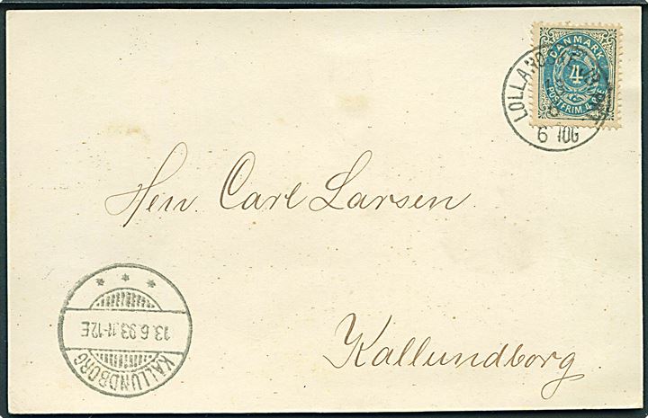 4 øre Tofarvet på tryksags-brevkort dateret Kjøbenhavn annulleret med lapidar bureaustempel Lollandske KB.PKT. d. 13.3.1893 til Kallundborg.
