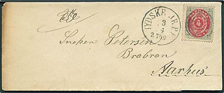 4 sk. Tofarvet på brev annulleret med nr.stempel 216 og sidestemplet med antiqua bureaustempel Jydske JB.P.B. d. 3.4.187x til Brabrand pr. Aarhus.