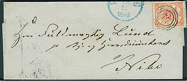 4 sk. Krone/Scepter på brev annulleret med nr.stempel 77 og sidestemplet blåt antiqua Viborg d. 19.12.1865 via J.Tværb.P.SP.B. til Nibe. Mærke yderligt placeret.