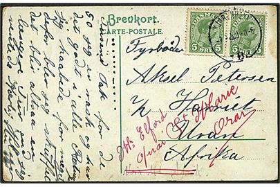 5 øre Chr. X i parstykke på brevkort fra Kjøbenhavn d. 9.7.1915 til fyrbøder omborg på S/S Harriet i Oran, Nordafrika. Ank.stemplet Oran Prefecture d. 19.7.1915.