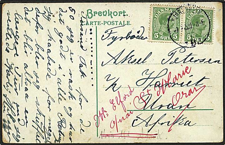 5 øre Chr. X i parstykke på brevkort fra Kjøbenhavn d. 9.7.1915 til fyrbøder omborg på S/S Harriet i Oran, Nordafrika. Ank.stemplet Oran Prefecture d. 19.7.1915.