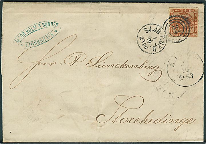 4 sk. stukken kant på brev fra Kjøbenhavn annulleret med kombineret nr.stempel 34/SJ.JB.P.SP.B. d. 1.10.1863 via Kjøge til Storehedinge.