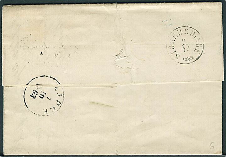 4 sk. stukken kant på brev fra Kjøbenhavn annulleret med kombineret nr.stempel 34/SJ.JB.P.SP.B. d. 1.10.1863 via Kjøge til Storehedinge.