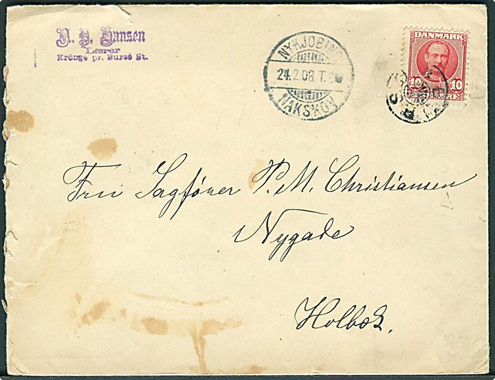 10 øre Fr. VIII på brev annulleret med stjernestempel BURSØ og sidestemplet bureau Nykjøbing - Nakskov T.6 d. 24.2.1908 til Holbæk.