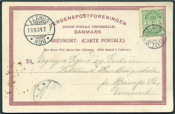 5 øre Våben på brevkort annulleret med stjernestempel BOULSTRUP og sidestemplet Aarhus - * Hou * T.7 d. 13.8.1904 til Brørup.
