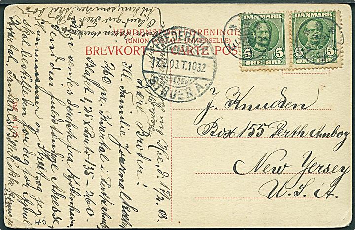 5 øre Fr. VIII i parstykke på brevkort (Parti fra Hee) annulleret med stjernestempel HEE og sidestemplet med bureau Fredericia - Struer.A. T.1032 d. 17.2.1908 til New York, USA.