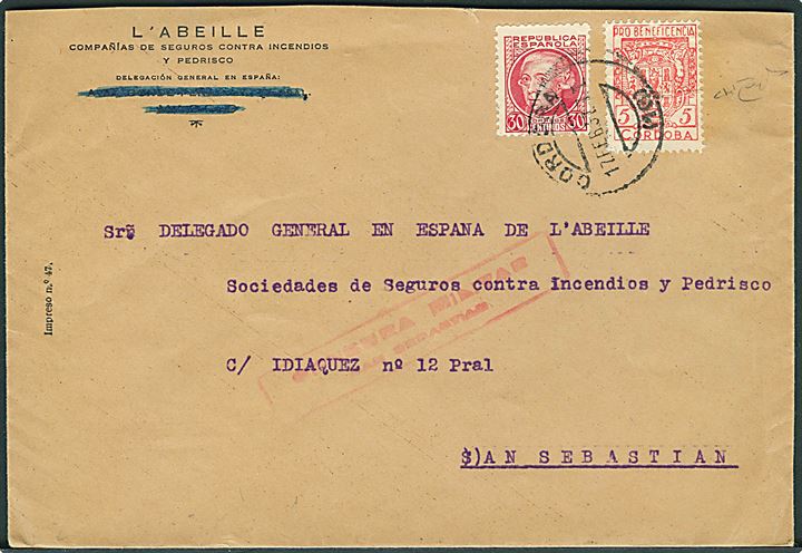 30 cts. Jovellanos og 5 cts. Cordoba velgørenhed på brev fra Cordoba d. 17.2.1937 til San Sebastian. Lokal censur fra San Sebastian.