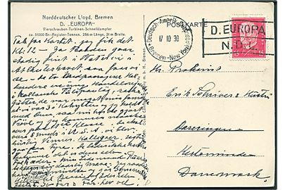 15 pfg. Hindenburg på brevkort (NDL dampskib Europa) annulleret med skibsstempel Deutsch-Amerik. Seepost * Bremen - New York a/ D. Europa N.D.L. d. 17.10.1930 til Kerteminde, Danmark.