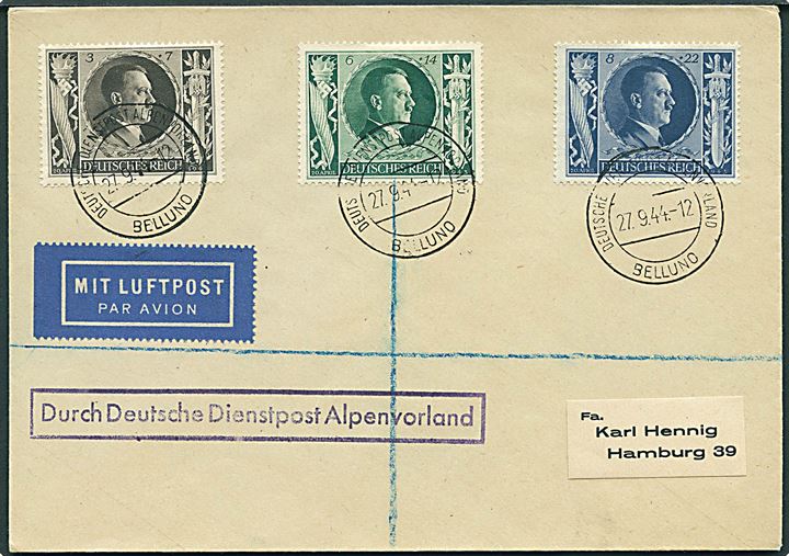 3+7 pfg., 6+14 pfg. og 8+22 pfg. Hitler 54 år på luftpostbrev stemplet Deutsche Dienstpost Alpenvorland Bellund d. 27.9.1944 til Hamburg.
