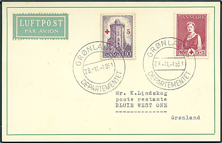 5+3 øre Røde Kors og 10+5 øre Røde Kors provisorium på luftpost brevkort annulleret Grønlands Departementet d. 28.11.1951 til den amerikanske base Bluie West One (= Narsarssuaq) på Grønland.