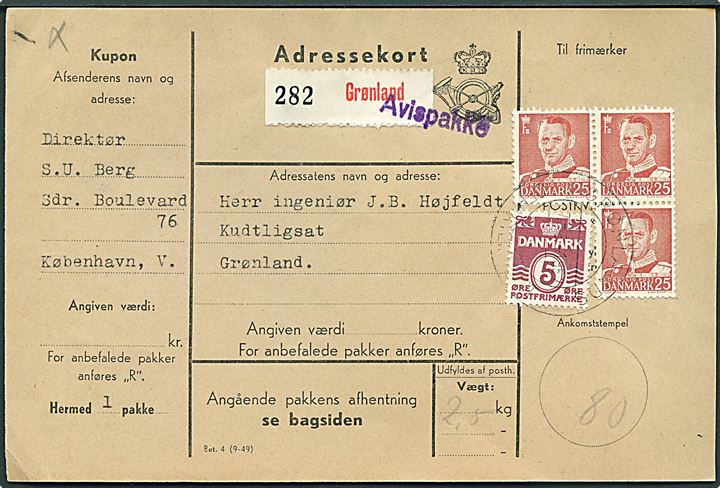 5 øre Bølgelinie og 25 øre Fr. IX (3) på 80 øre frankeret adressekort for Avispakke stemplet Grønlands Departementet d. 7.5.1952 til Kudtligsat, Grønland.