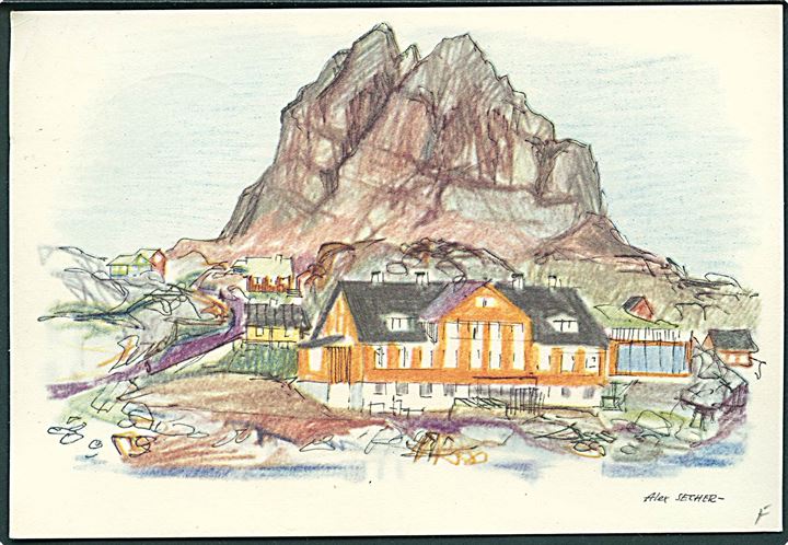 20 øre Chr. X på brevkort (Alex Secher: Umanak fjeldet) stemplet Sdr. Strønfjord d. 20.6.1961 til Odense.