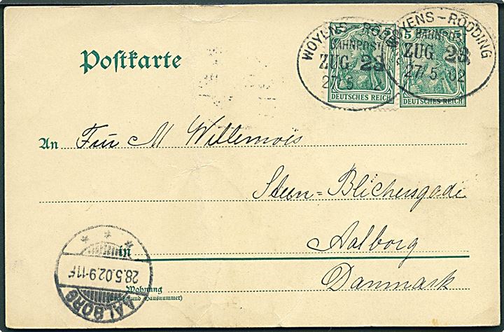 5 pfg. helsagsbrevkort opfrankeret med 5 pfg. Germania fra Rødding annulleret med bureaustempel Woyens - Rödding Bahnpost Zug 23 d. 27.5.1902 til Aalborg, Danmark.