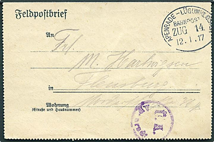Ufrankeret feltpost-korrespondancekort dateret Bedsted annulleret med bureaustempel Apenrade - Lügumkloster Bahnpost Zug 14 d. 12.1.1917 til Flensburg. Violet censurstempel: Ü.K. Apenrade.