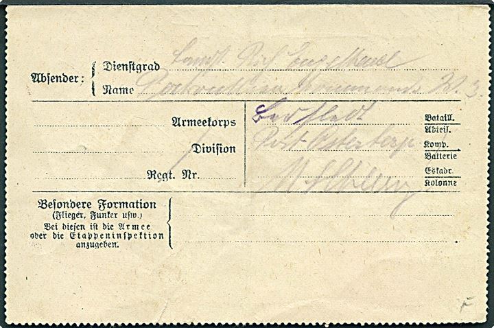 Ufrankeret feltpost-korrespondancekort dateret Bedsted annulleret med bureaustempel Apenrade - Lügumkloster Bahnpost Zug 14 d. 12.1.1917 til Flensburg. Violet censurstempel: Ü.K. Apenrade.