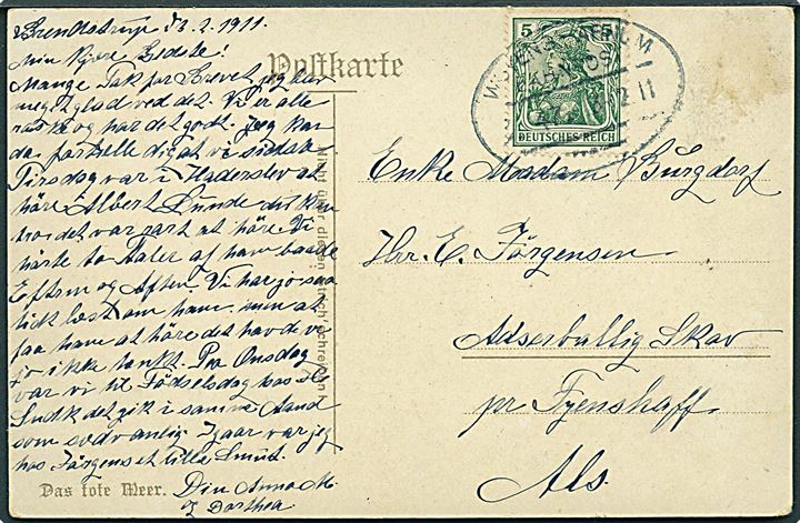 5 pfg. Germania på brevkort annulleret med bureaustempel Woyens - Arnum Bahnpost Z. 47 d. 3.2.1911 til Fynshav.